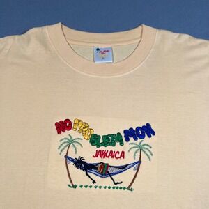 Island Tees Jamaica T-Shirt No Problem Mon Embroidered Jamaican Mens Large Beige